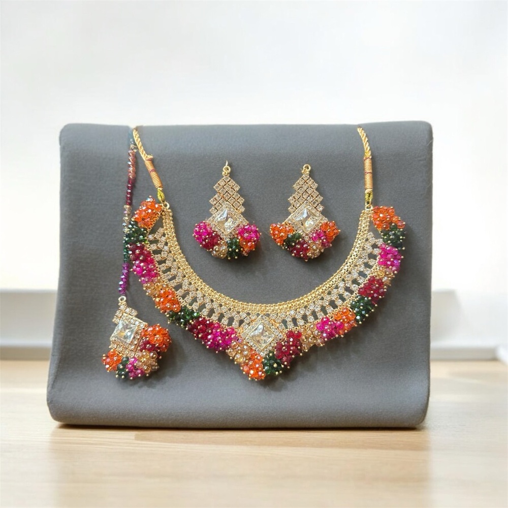 Traditional Pakistani necklace set featuring vibrant multicolored